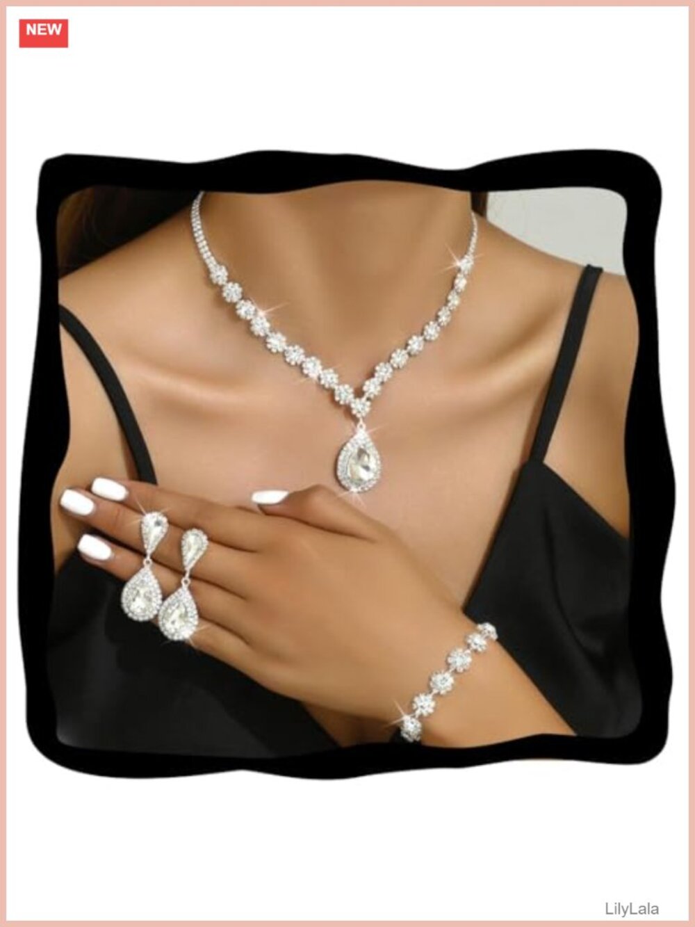 Rhinestone Wedding Jewelry Set Teardrop Earrings Necklace Bracelet